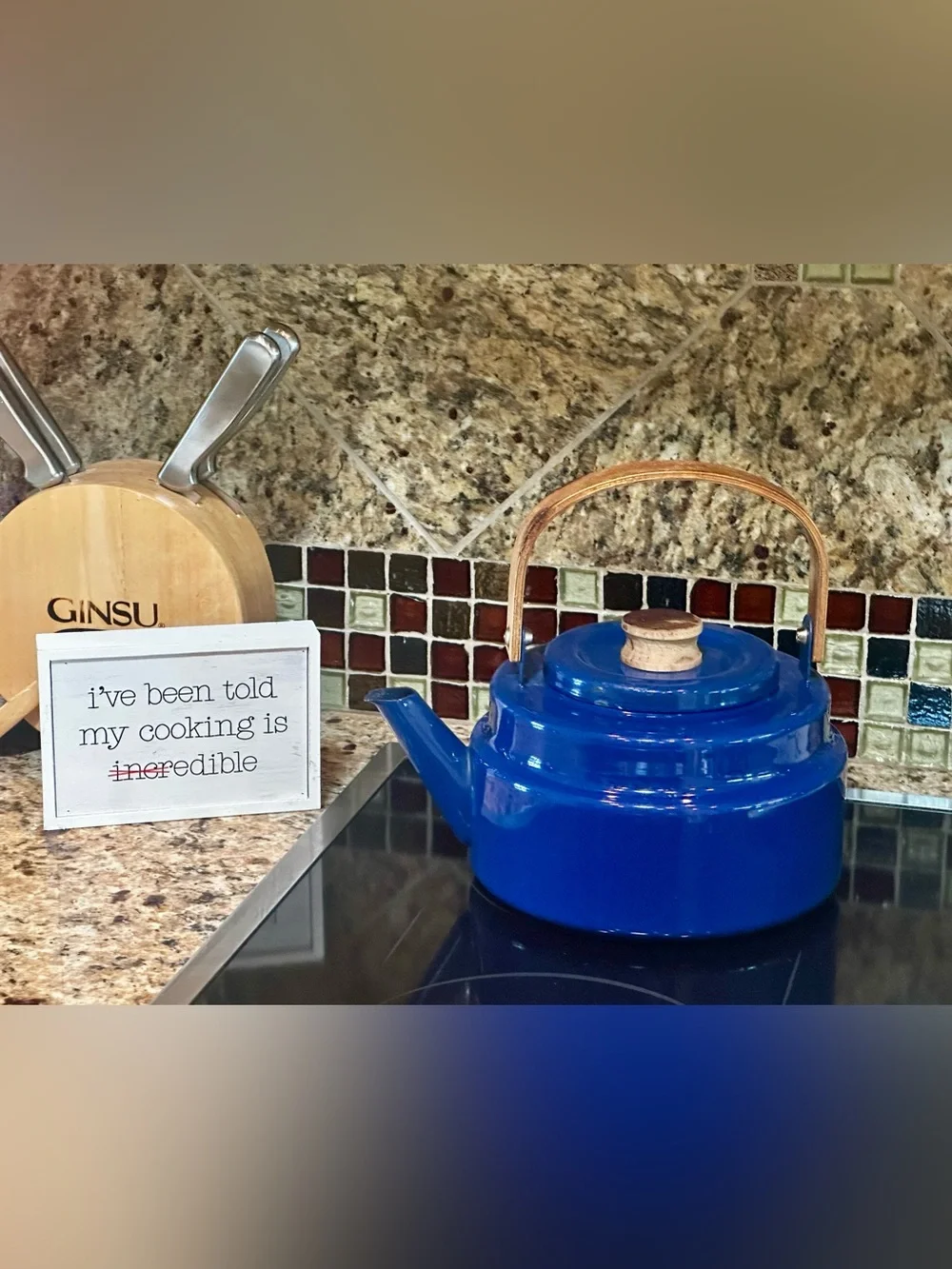 Cobalt Blue Tea Kettle with Teak handle and lid top. Danish Style Pre-owned